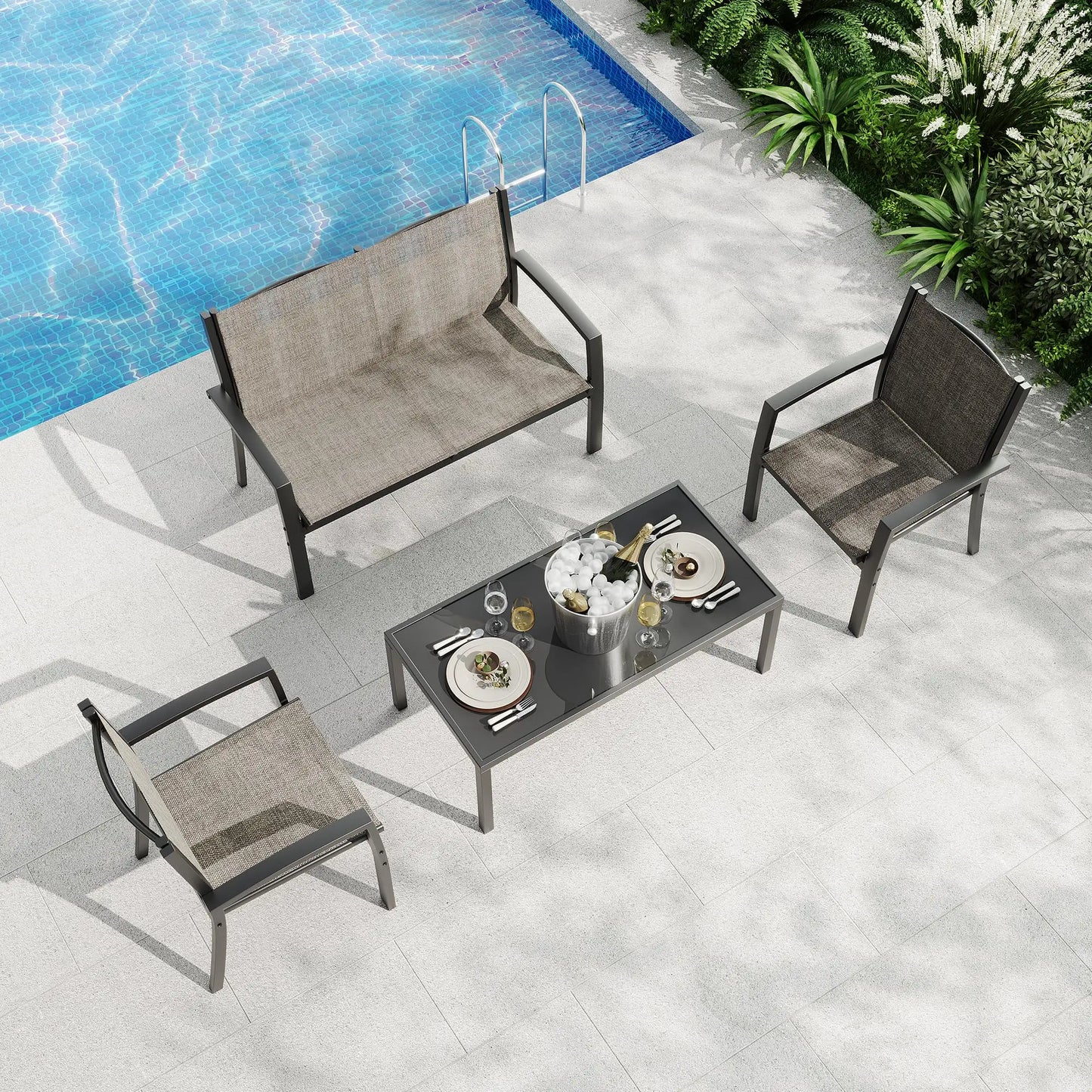 Modern 4 Piece Metal Patio Furniture Set Breathable Mesh Outdoor Loveseat & Chairs With Table For Deck Apartment Porch Backyard