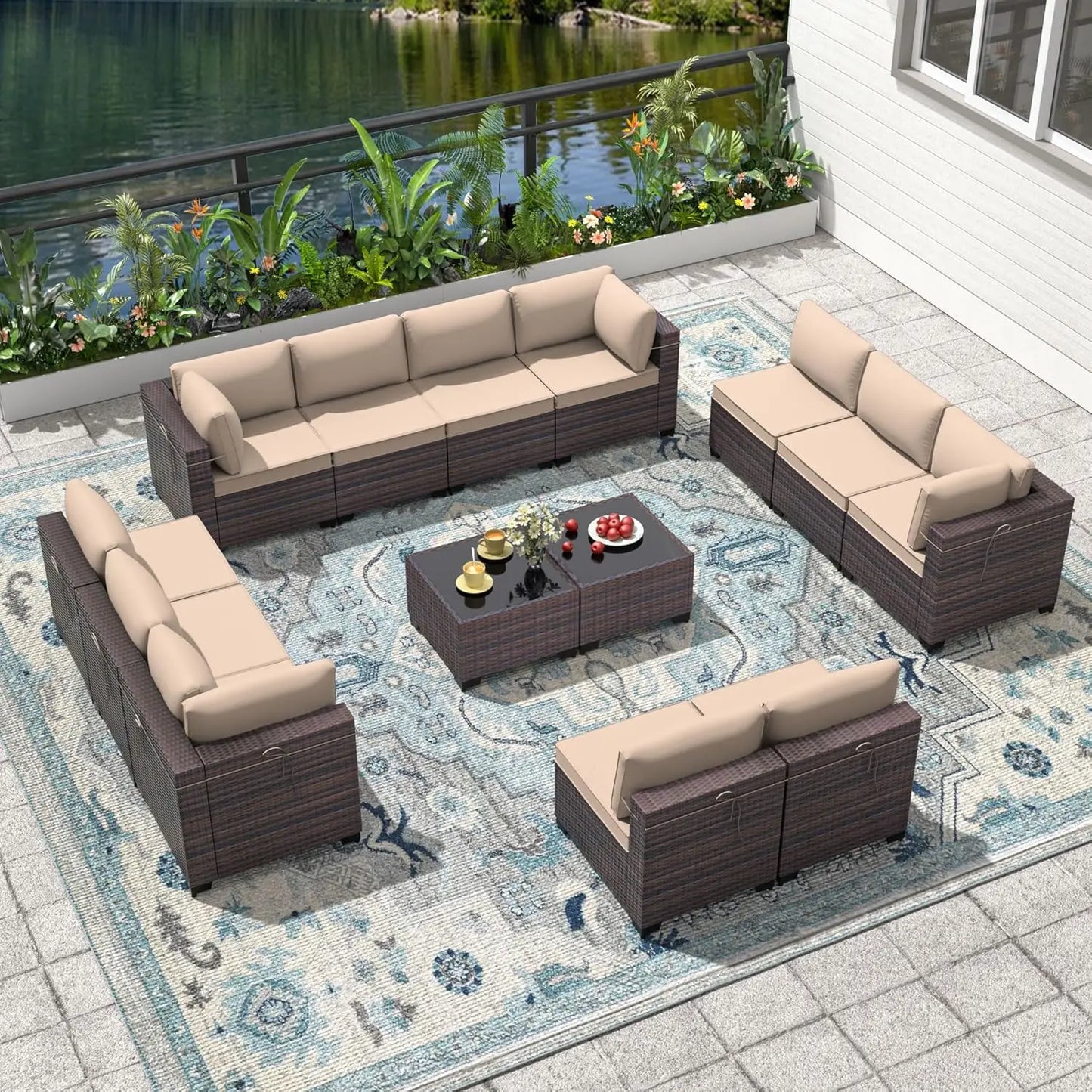 14 Pieces Outdoor Patio Furniture Set,Outdoor Sectional Furniture All Weather PE Rattan Wicker Patio Conversation Set, Custom