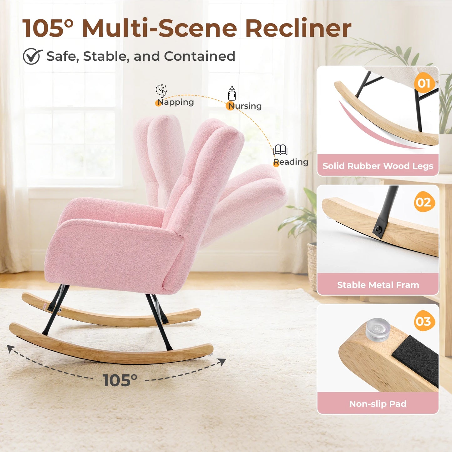 JHK Teddy Velvet Upholstered Saucer Rocking Chair With High Backrest