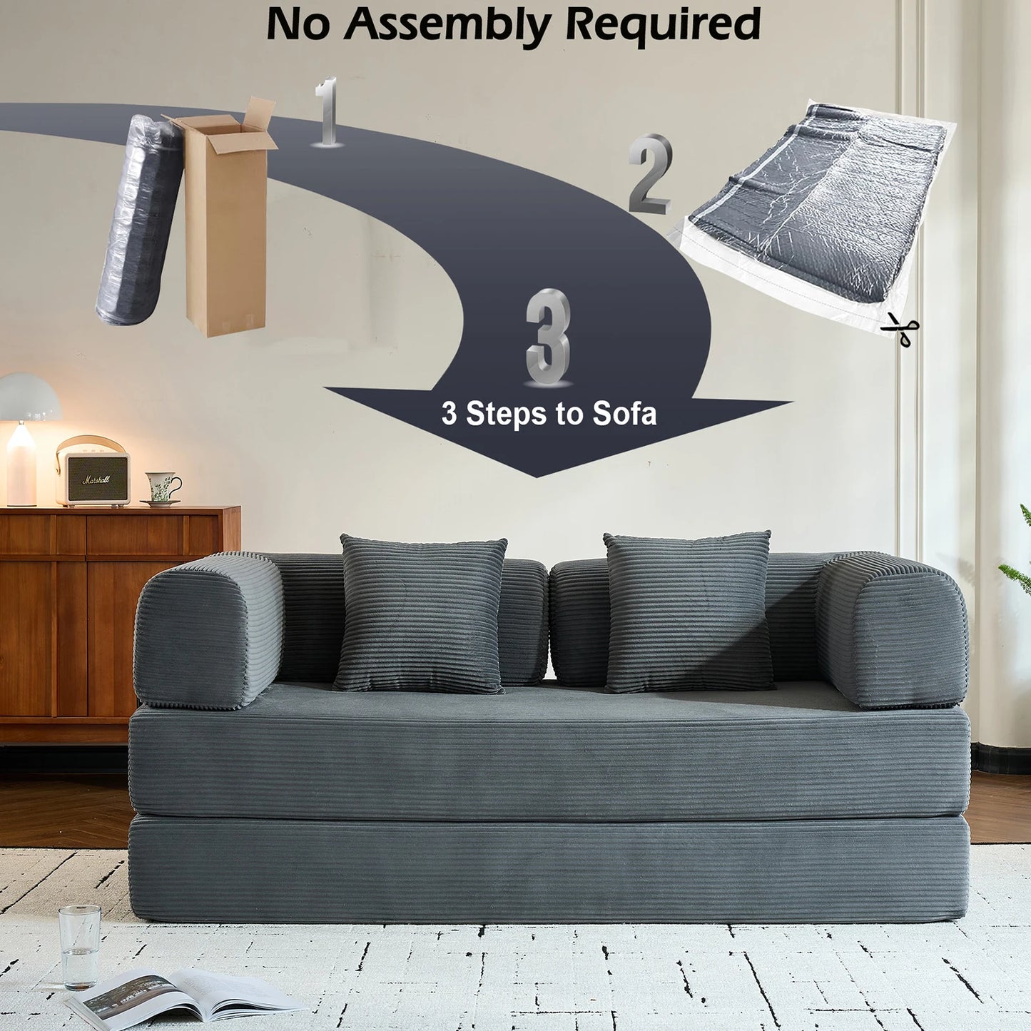 79" Folding Convertible Sofa Bed, Oversized Corduroy Futon Floor Couch, Boneless Loveseat for Small Spaces, Living Room, Bedroom