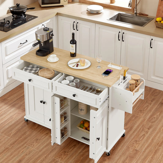 Wooden Rolling Kitchen Island With Drop Leaf And Storage Drawers