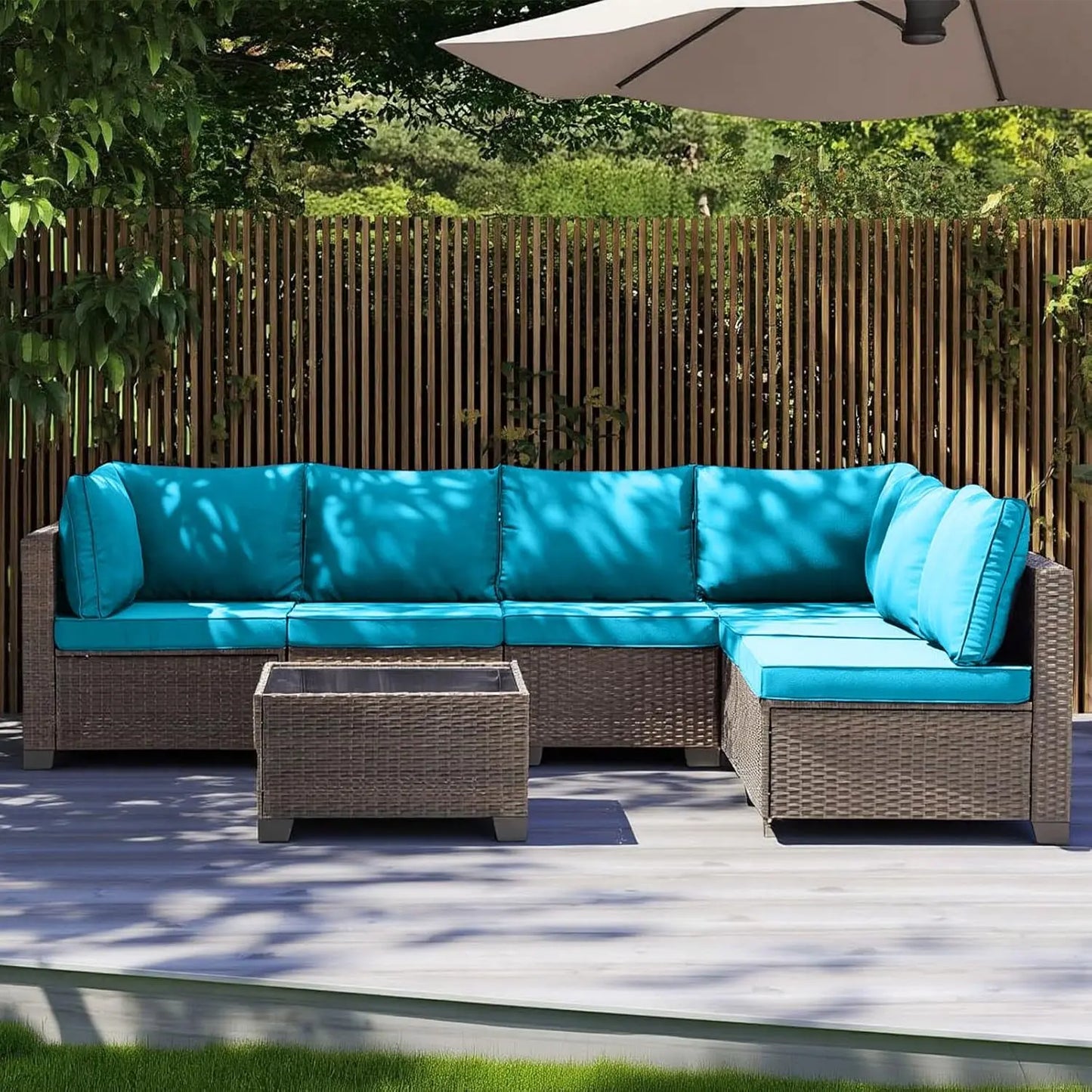 7 Pieces Outdoor Patio Furniture Set, All-Weather Sectional Sofa PE Rattan Wicker with Glass Table & Washable Cushions, Custom