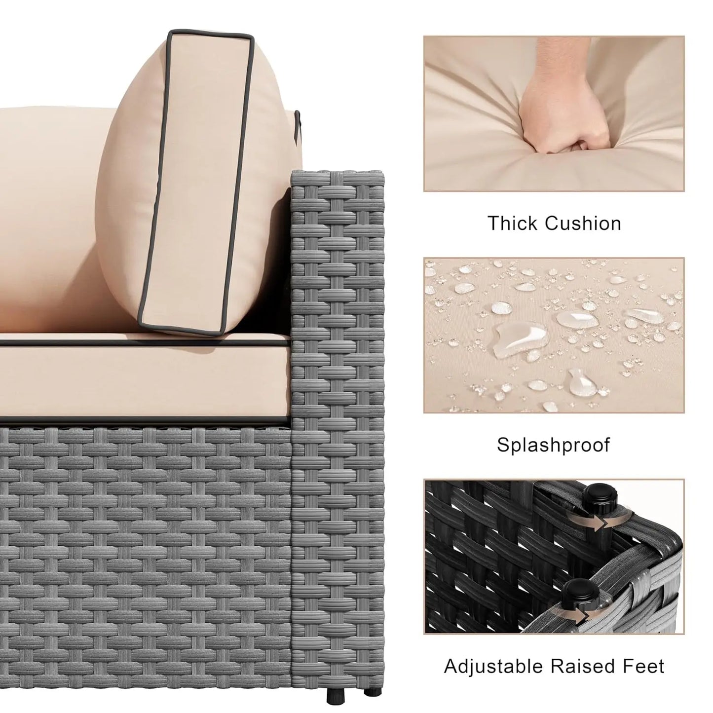 7-Piece Outdoor Patio Furniture Set, Modular PE Rattan Sectional Sofa with Thick Cushions & Glass Coffee Table,, Custom