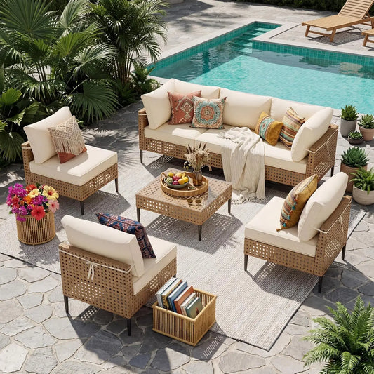 Modern Bamboo Sectional Patio Furniture Set With Coffee Table