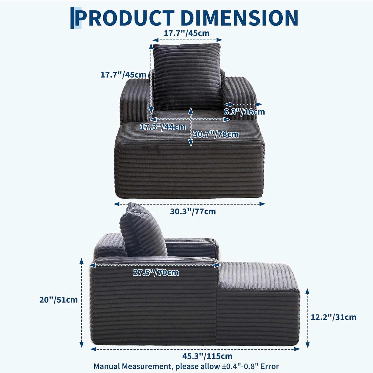 45'' Corduroy Cloud Chaise Lounge Sofa, Deep Seat Reading Chair With Wide Armrests, Back Pillow, No-Assembly Couch