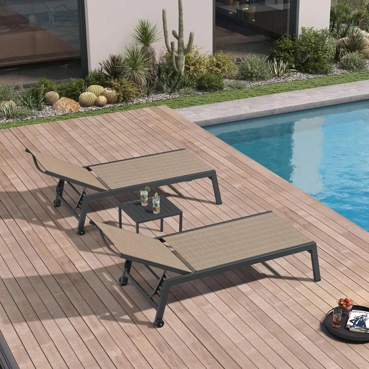 Outdoor Chaise Lounge with Wheels Aluminum Pool Lounge Chairs Set of 2 Fade-Resistant Patio Chaise Lounge with 5, Custom