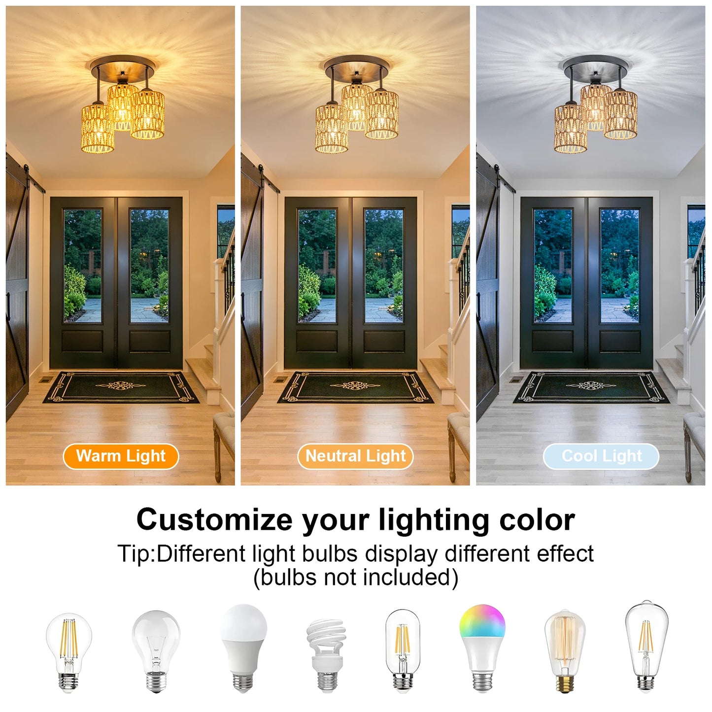 3-Lights Boho Light Fixtures Ceiling Mount, Farmhouse Rattan Chandelier, Hand Woven Cage Shade Semi Flush Mount Ceiling Lights for Bedroom Foyer Entryway Kitchen, Hallway Rattan Light Fixtures Ceiling bulb not included