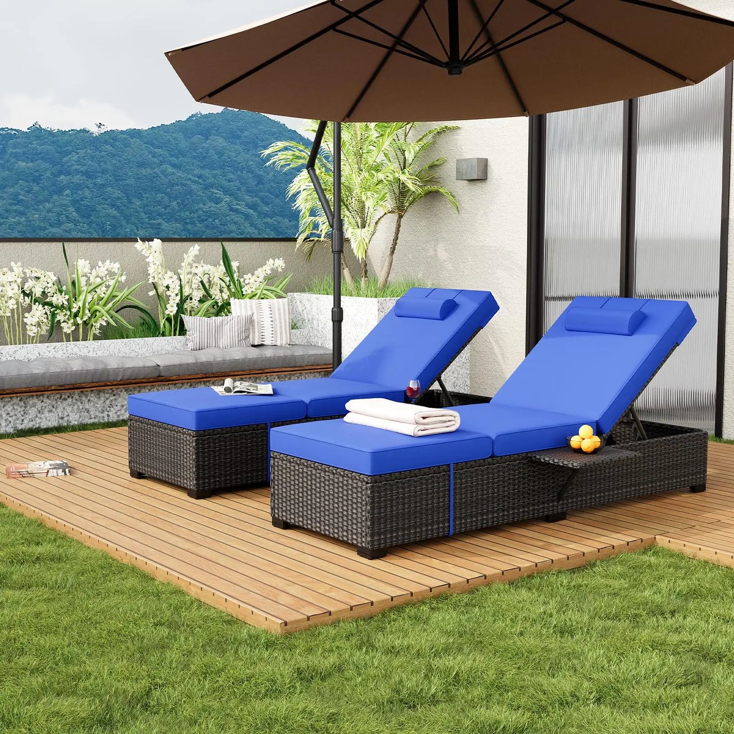 Outdoor Chaise Lounge Chairs Set of 2, 78" Pool Lounge Chairs with Adjustable Back, Foldable Side Table & Washable Cushions, Wicker Rattan Patio Loungers for Poolside Deck Beach Yard