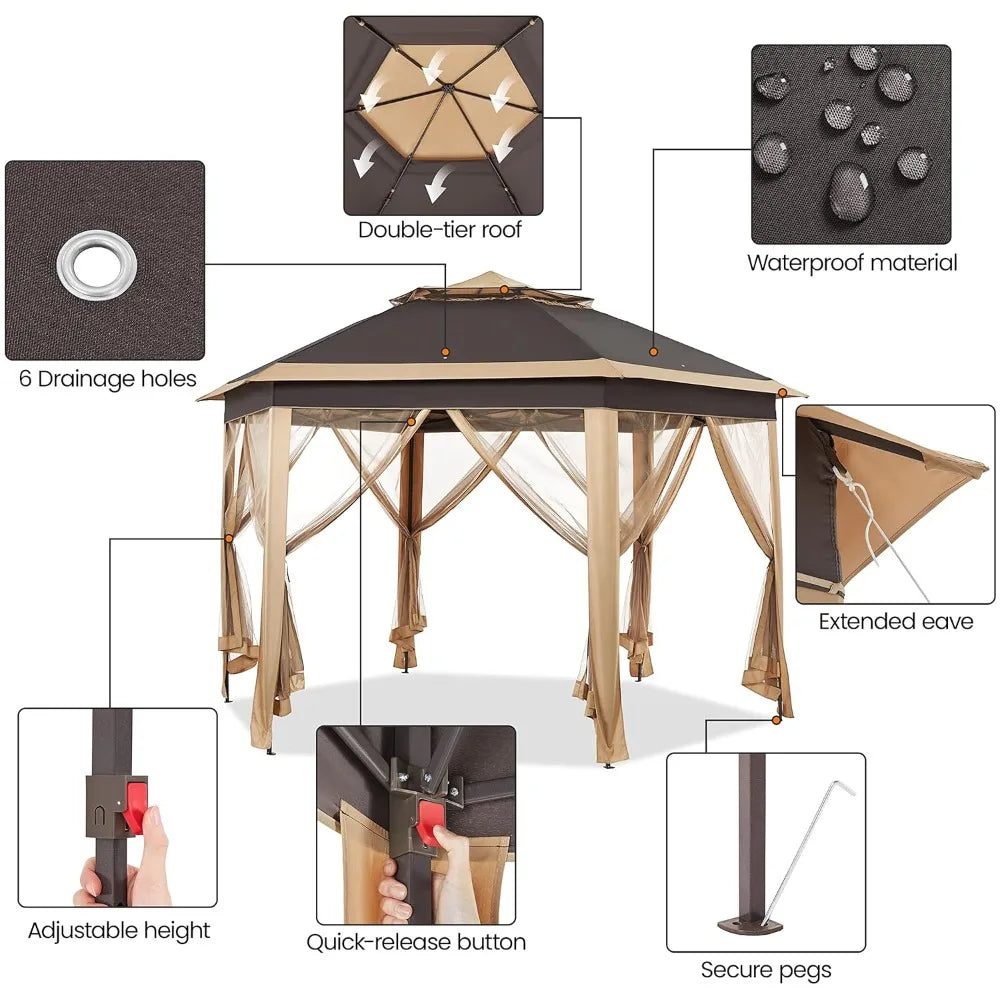 13x13 Hexagonal Pop Up Gazebo Double Tier Canopy Shelter with Mesh Netting for Outdoor Patio Garden Lawn, Customized