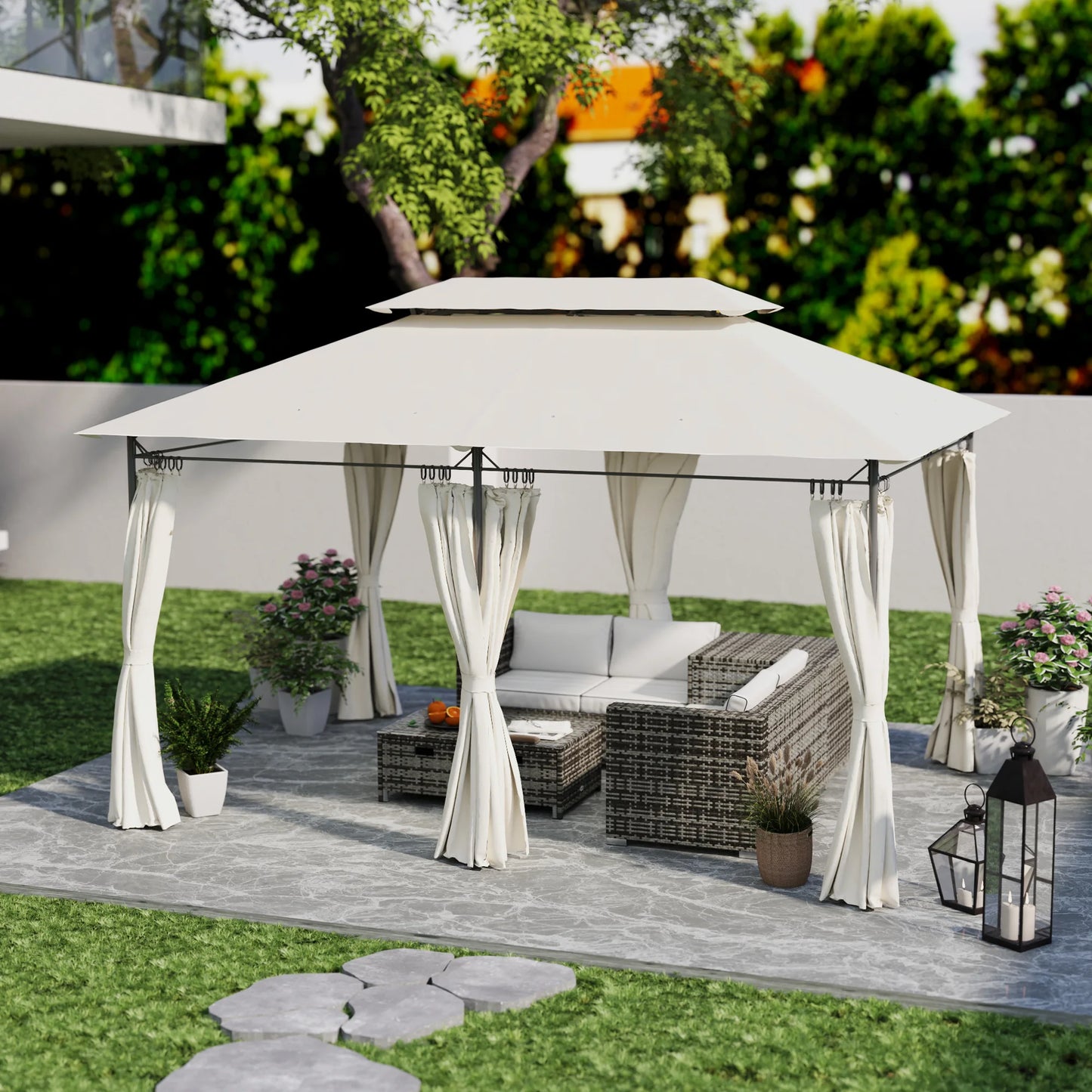 10 X 13 ft Double Roof Patio Gazebo with Curtains, Cream White