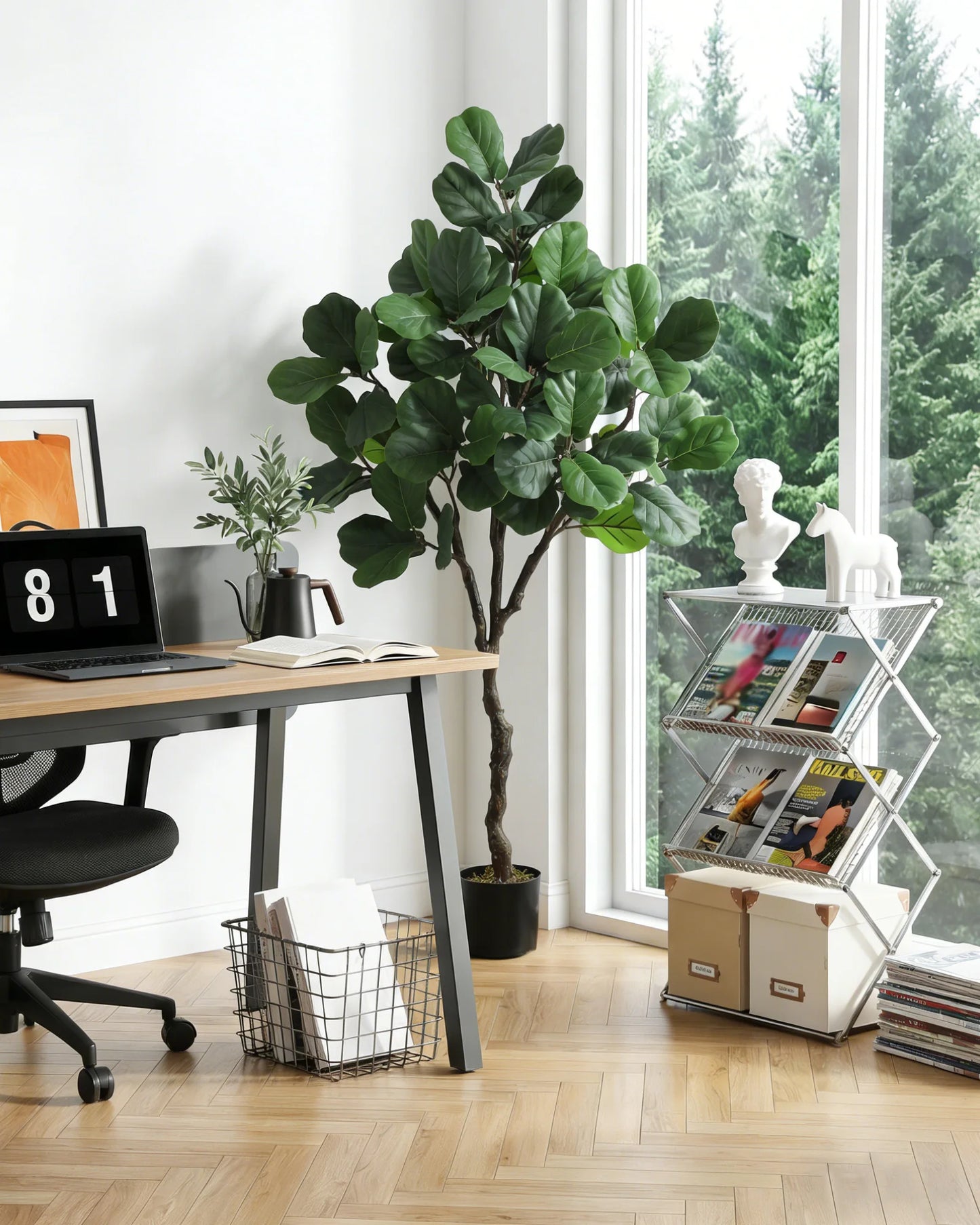 4/5/6 FT Artificial Fiddle Leaf Fig Tree with Lifelike Leaves,Large Faux Plant, Tall Fake Ficus Lyrata Trees with Black Planter, Fake Floor Plants for Home Office Modern Decor