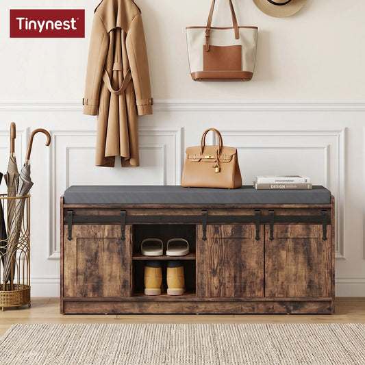 TinyNest Farmhouse Shoe Storage Bench With Adjustable Shelf And Door