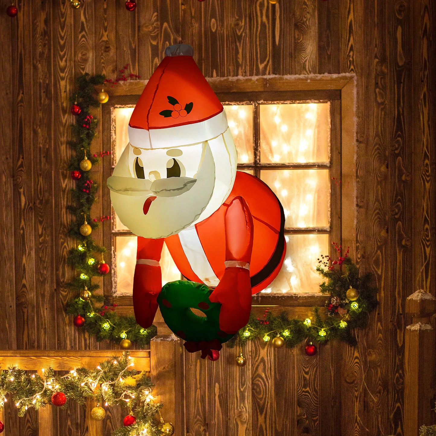 3.4' Christmas Inflatables Hanging Santa Claus Holding Wreath with White LED Lights, Blow-Up Outdoor Christmas Decorations for Lawn Garden Party