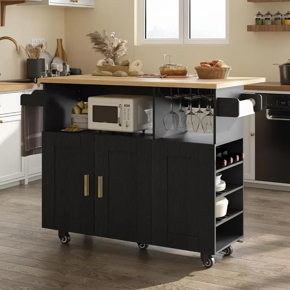 Rolling Mobile Kitchen Island with Storage and Drop Lea, Island Table with Countertop Power Socket and Wheel (Black, el 1.2)
