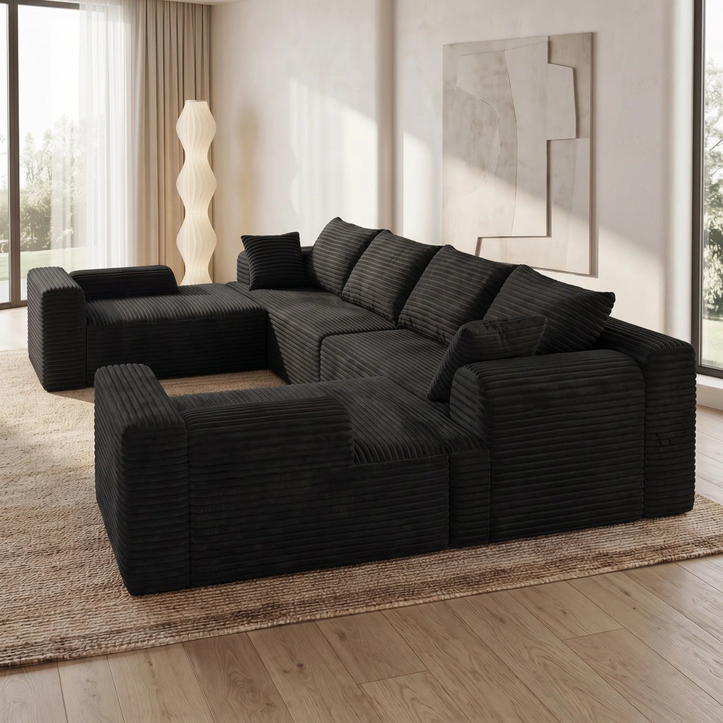 118" Oversized Modular Black Corduroy Sectional Sofa, U-Shaped Corner Couch, DIY Freely Combinable, Soft Comfort Cloud Block Lazy Sofa for Living Room, Convertible Sofa Bed