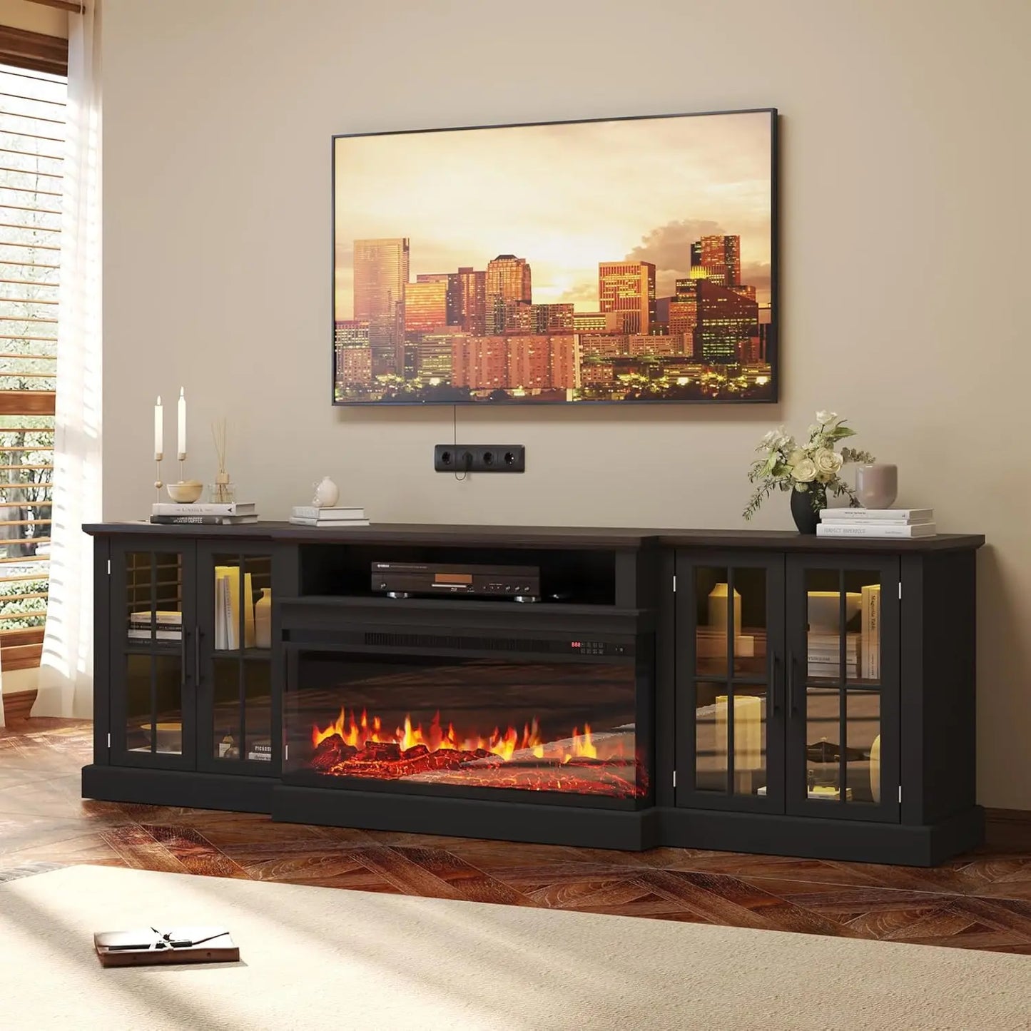 Black 87" Farmhouse TV Stand with 36" Fireplace for Living Room,Media Entertainment Center with Adjustable Shelves, Customized