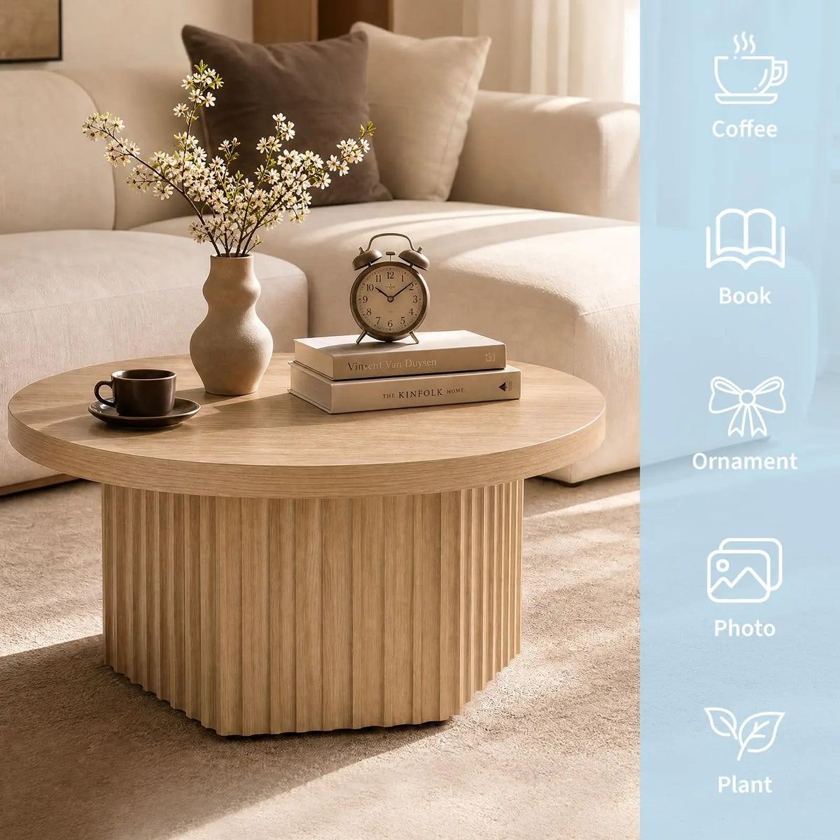 HiMISS Modern Fluted Drum Pedestal Coffee Table for Living Room