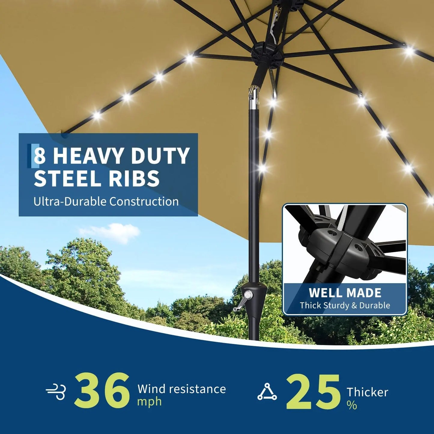 10FT Solar Powered Patio Umbrella With 32 LED Lights Khaki Large Outdoor Parasol Crank Lift And Push Button Tilt System 8 Sturdy Ribs UV Protection Waterproof Sun Umbrella For Garden Pool And Table