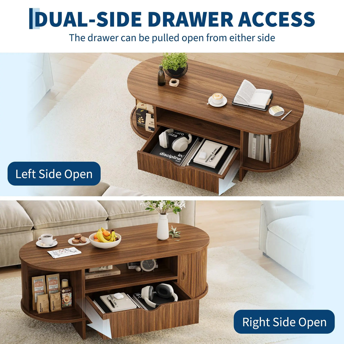 HiMISS Oval Coffee Table With Storage And Fluted Wood Design