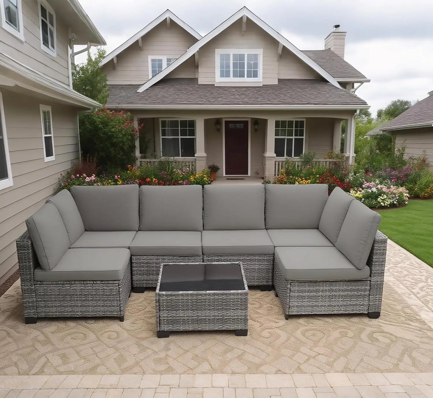 7 Pieces Outdoor Patio Furniture Set, All-Weather Sectional Sofa PE Rattan Wicker with Glass Table & Washable Cushions, Custom