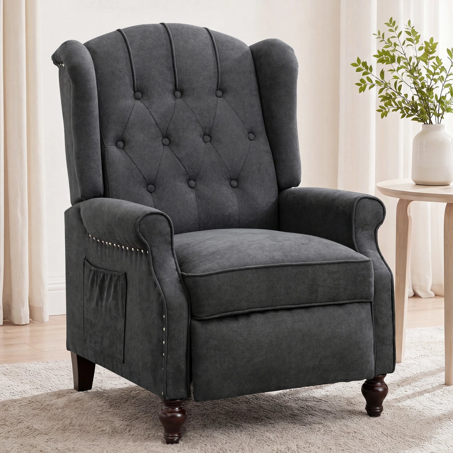 TCGBKAF Mid Century Wingback Pushback Recliner Armchair Massage & Heated Recliner Chair with Button-Tufted Back, Rivet Decoration and Solid Wood Legs for Living Room, Bedroom & Office