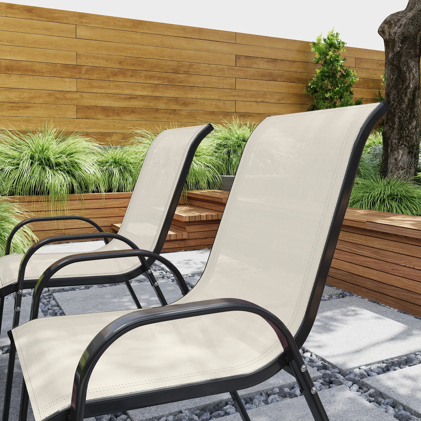 Set of 4 Patio Dining Chairs, Stackable Outdoor Chairs, Beige