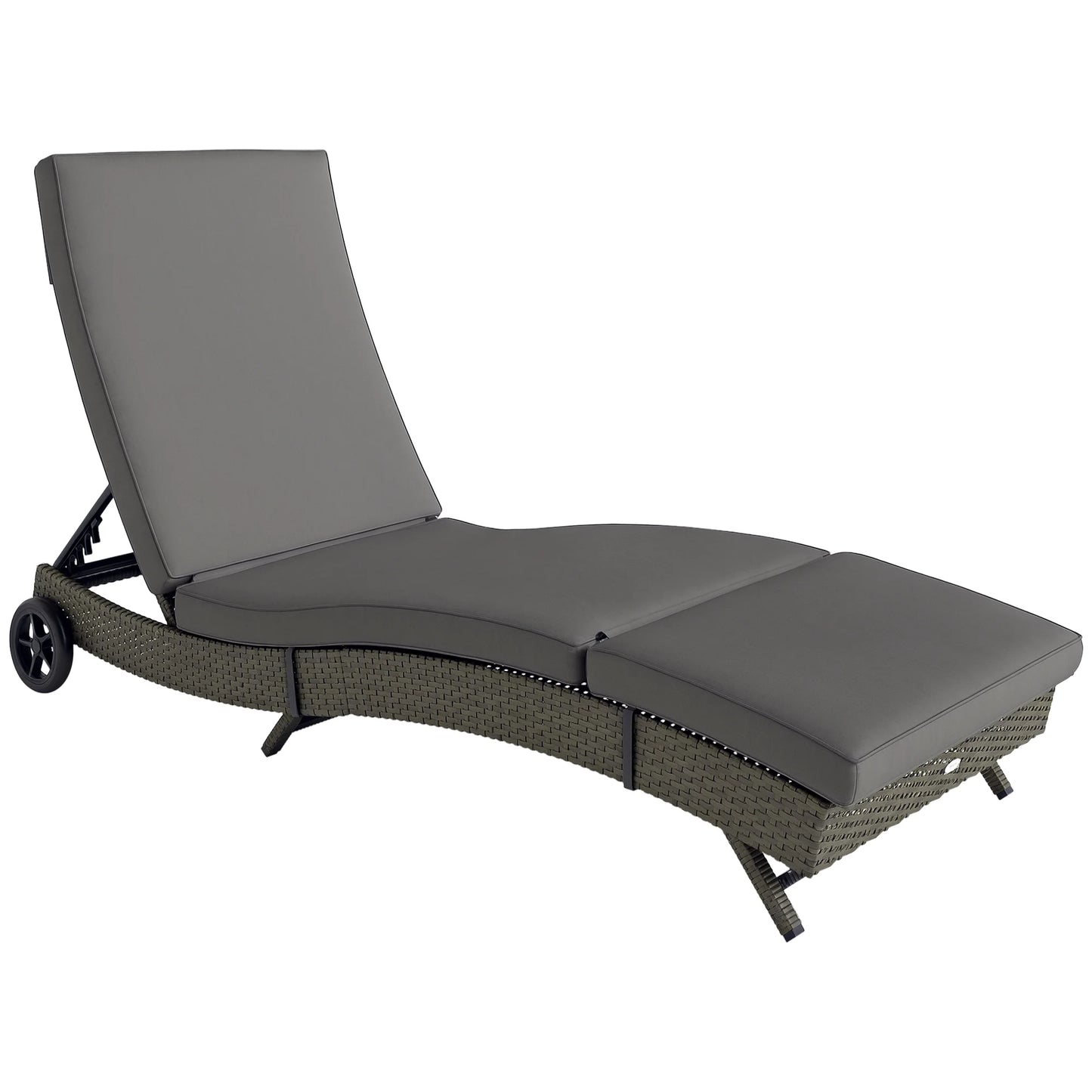 Outdoor Reclining Lounge Chair, PE Wicker, Rolling Wheels, Patio, Grey