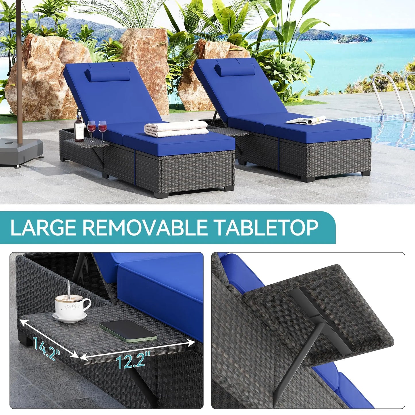 Outdoor Chaise Lounge Chairs Set of 2, 78" Pool Lounge Chairs with Adjustable Back, Foldable Side Table & Washable Cushions, Wicker Rattan Patio Loungers for Poolside Deck Beach Yard