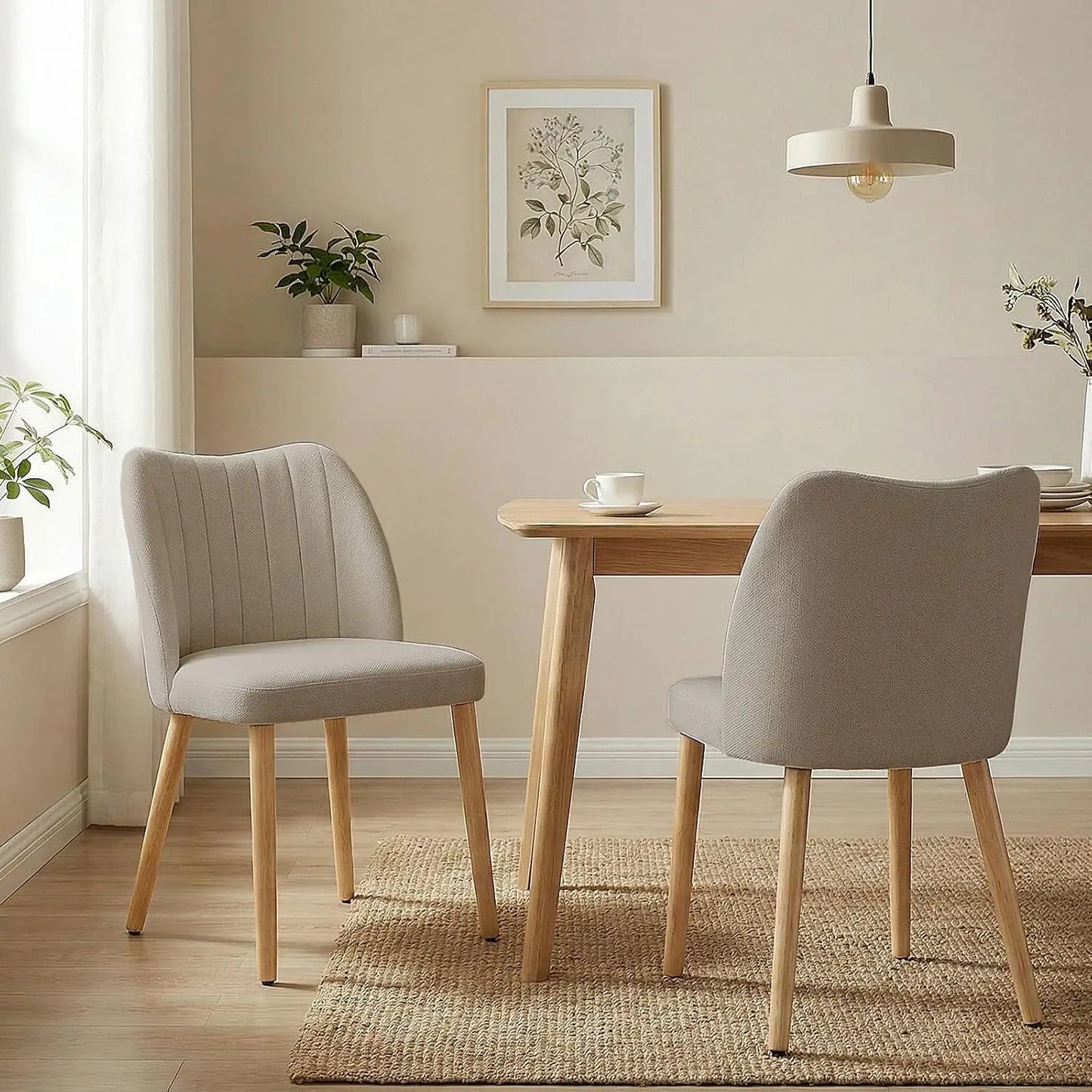 Set Of 2 Mid Century Modern Upholstered Dining Chairs, Fabric Kitchen Chairs With Curved Back And Wood Legs For Dining Room Living Room
