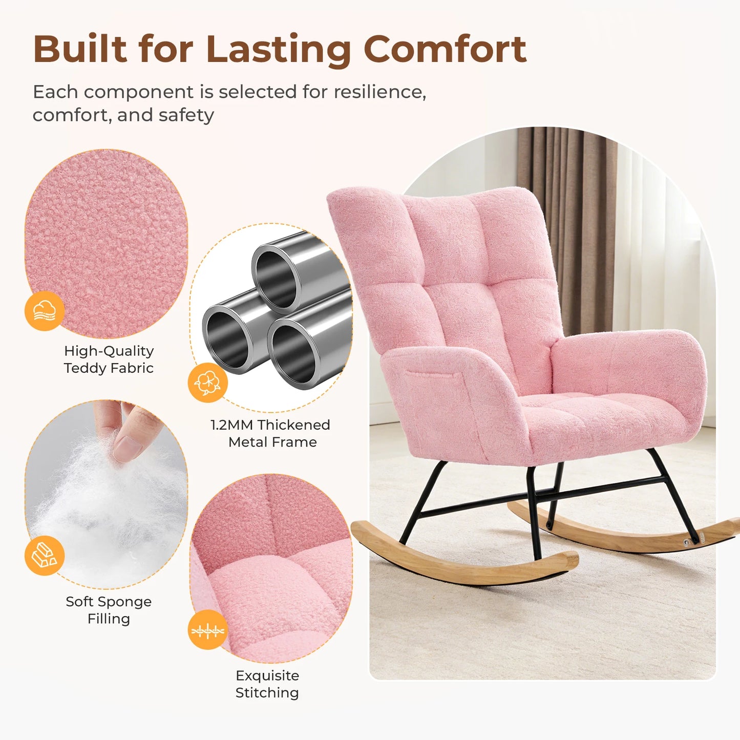 JHK Teddy Velvet Upholstered Saucer Rocking Chair With High Backrest