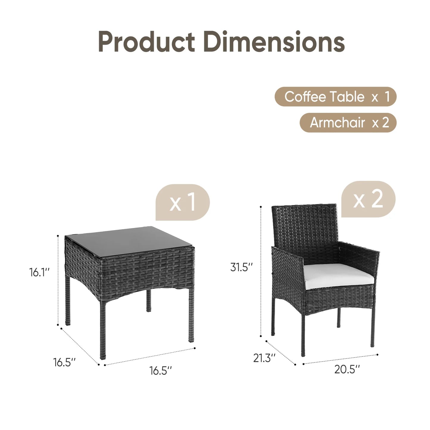 JHK Large Size 3 Pieces Outdoor Patio Furniture Set All-Weather Wicker Bistro Set with Removable Cushions and Glass Table Garden