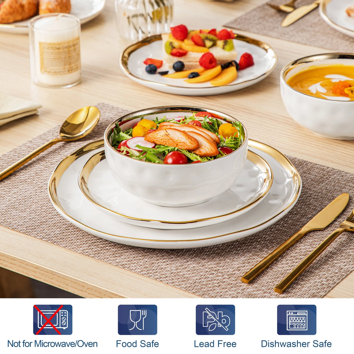Malacasa Porcelain Dinnerware Set With Golden Rim Elegant Everyday Tableware
