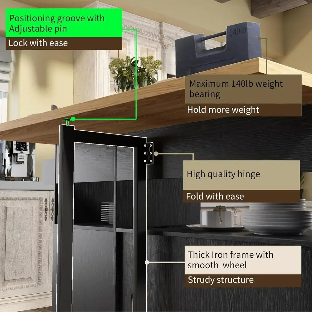Rolling Mobile Kitchen Island with Storage and Drop Lea, Island Table with Countertop Power Socket and Wheel (Black, el 1.2)