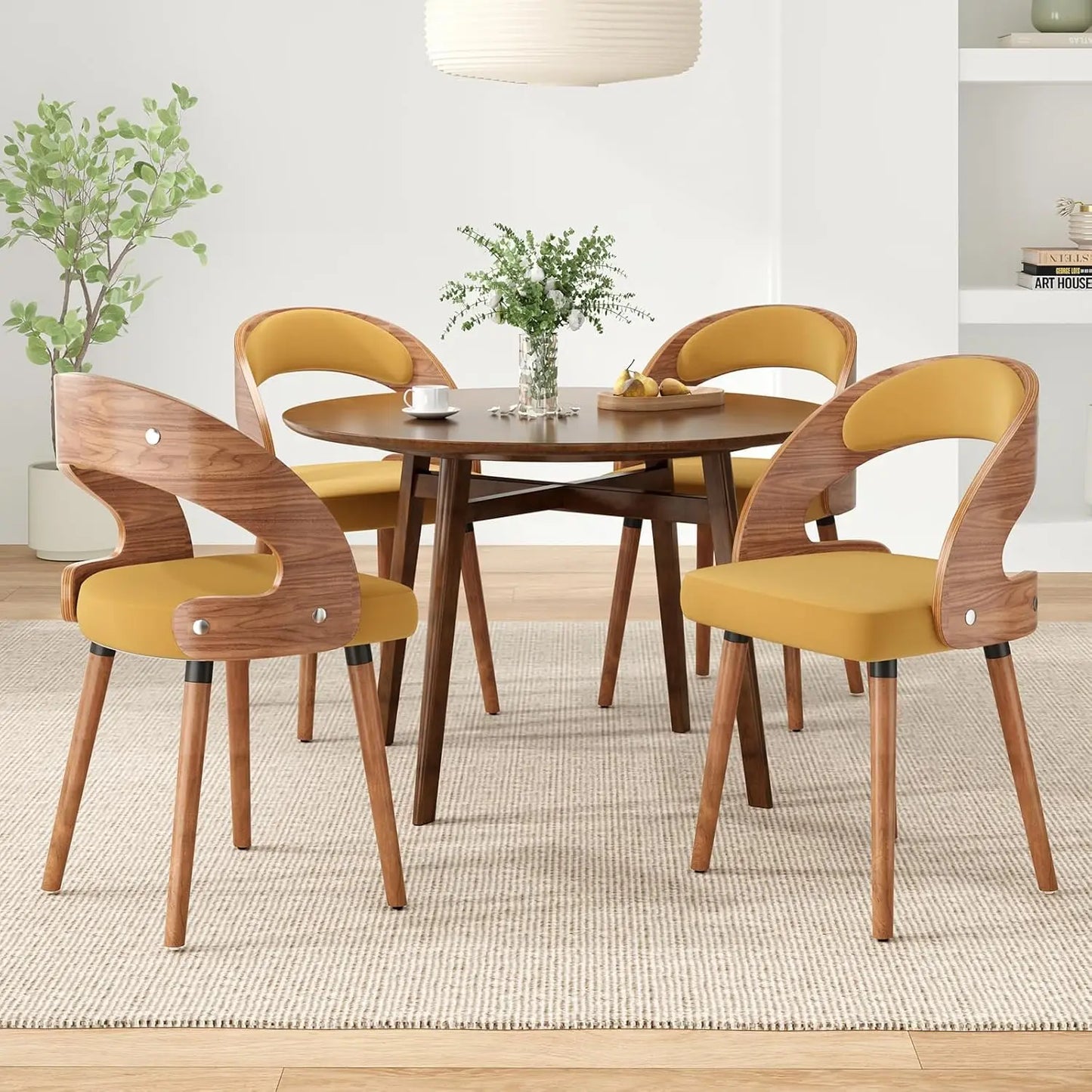 Wood Dining Chairs, Set of 4 Modern Upholstered Dining Chairs with Curved Backrest for Kitchen, Dining Room, Living, Customized