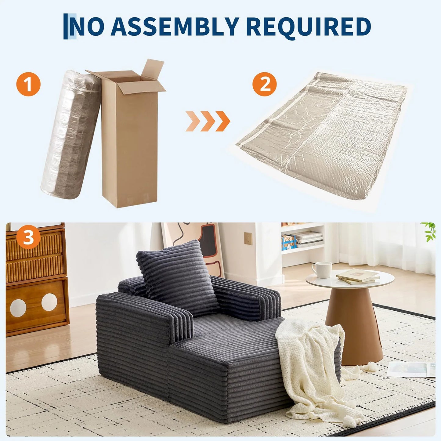 45'' Corduroy Cloud Chaise Lounge Sofa, Deep Seat Reading Chair With Wide Armrests, Back Pillow, No-Assembly Couch
