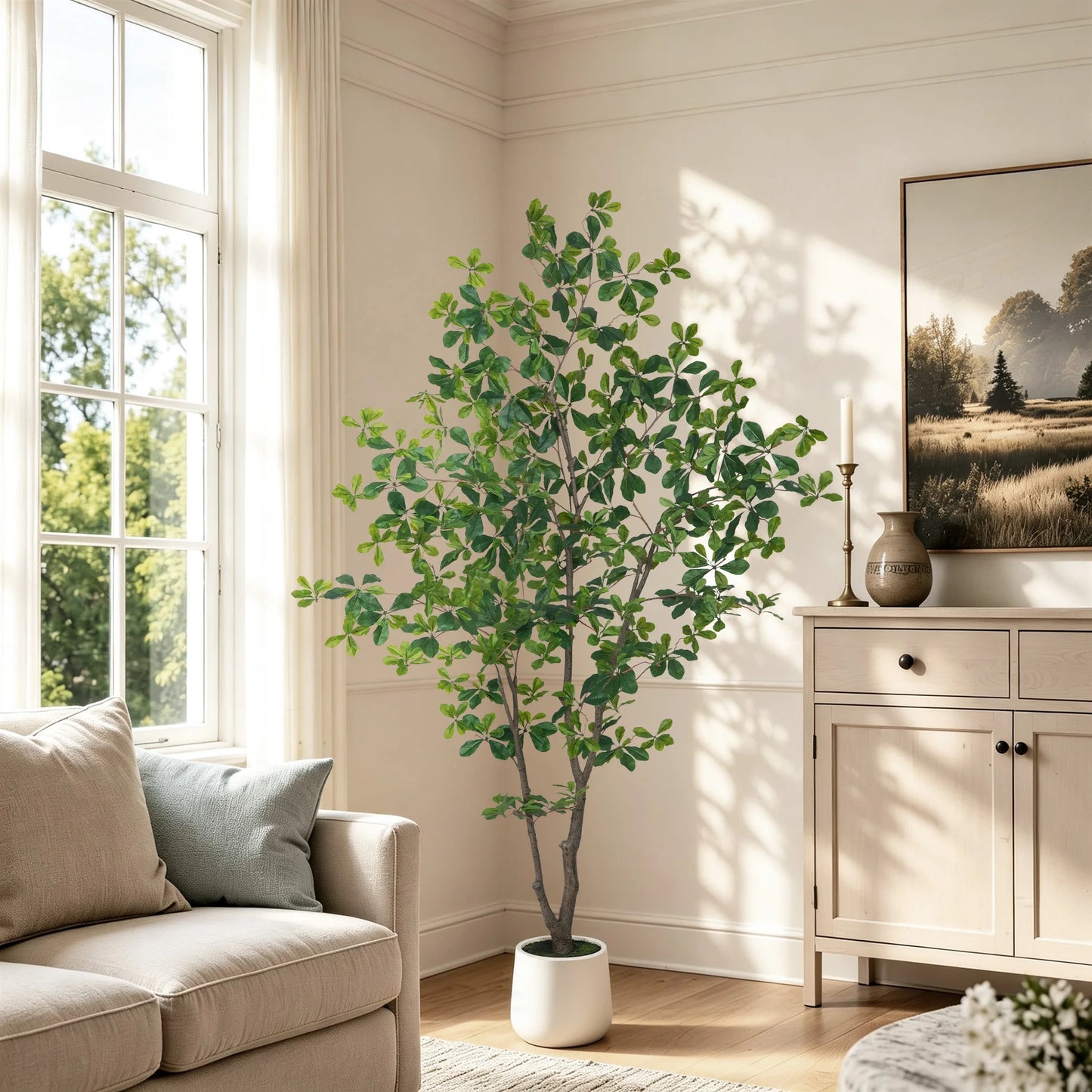 5/6/7ft Faux Black Olive Tree Faux Plants Indoor Large Tall Tree in White Round Pot Aritificial Eucalyptus Tree with Natural Wood Trunk & Realistic Leaves, Fake Olive Plant for Home Office Indoor Decor