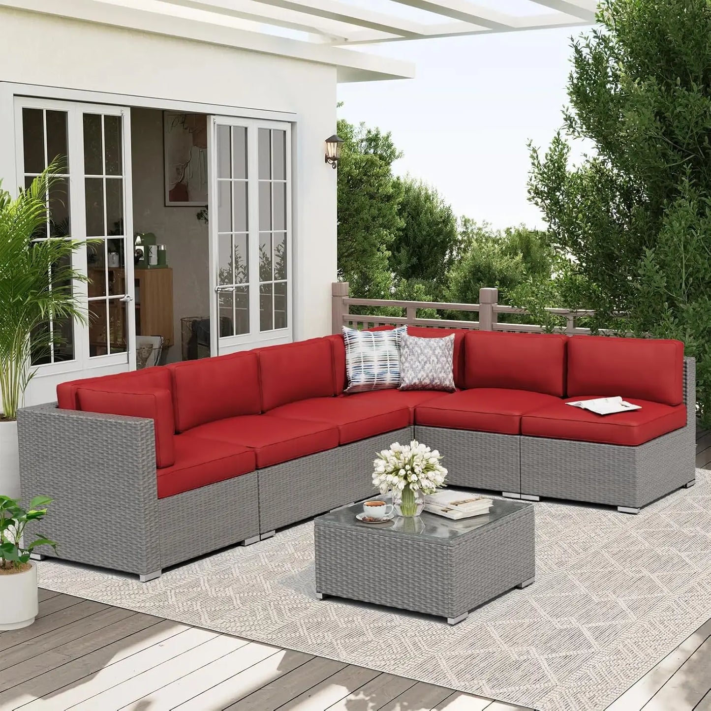 7-Piece Outdoor Patio Furniture Set Grey Rattan Wicker Sectional Sofa Conversation Sets with Cushions and Glass Top, Custom
