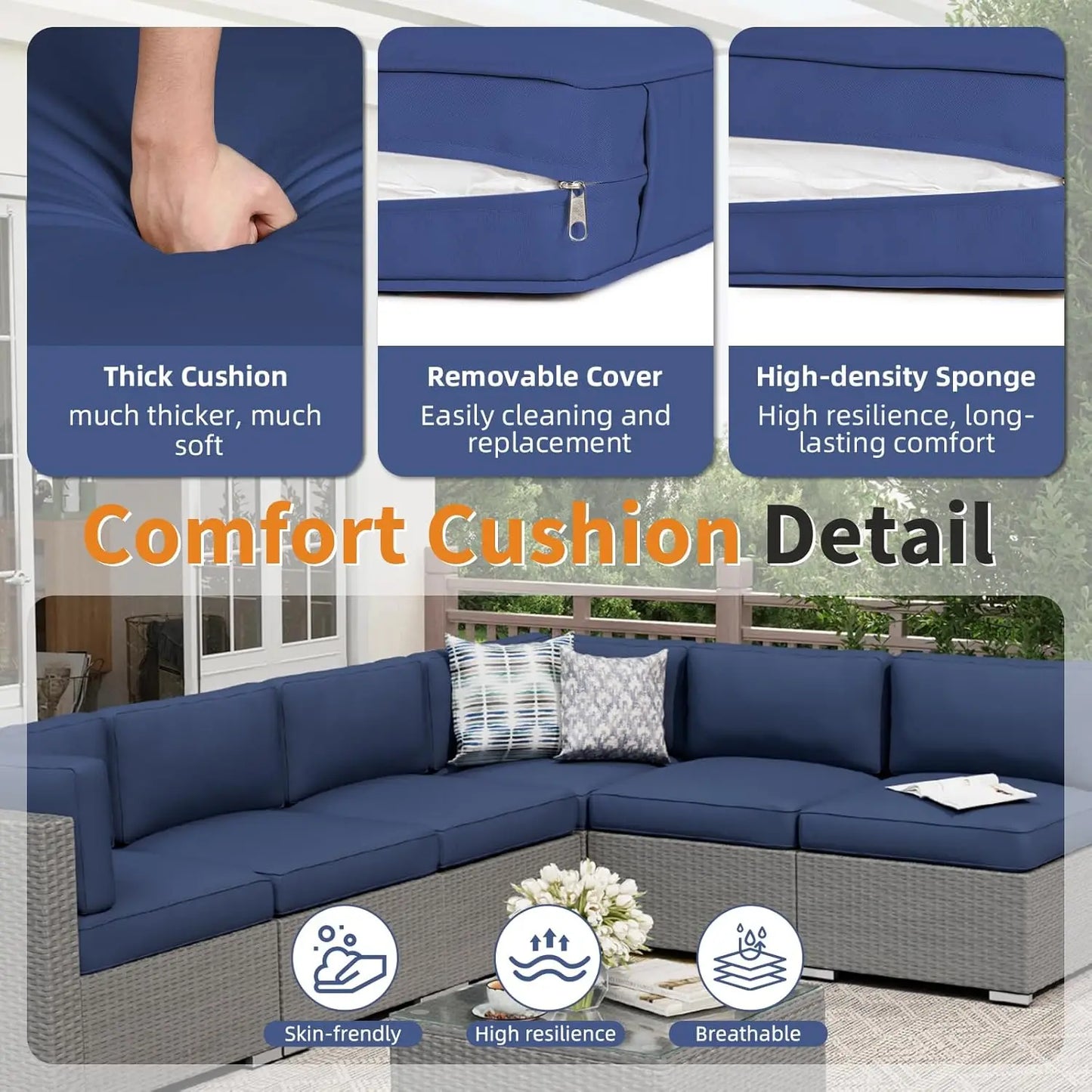 7-Piece Outdoor Patio Furniture Set Grey Rattan Wicker Sectional Sofa Conversation Sets with Cushions and Glass Top, Custom