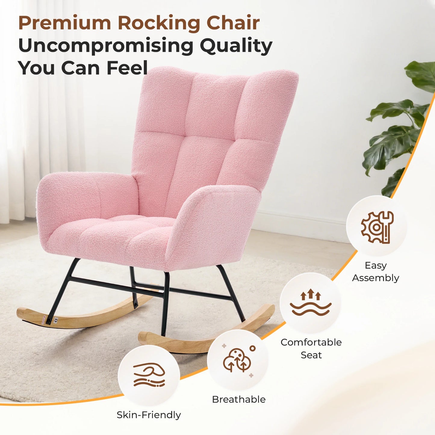 JHK Teddy Upholstered Saucer Rocking Chair With High Backrest Metal Frame