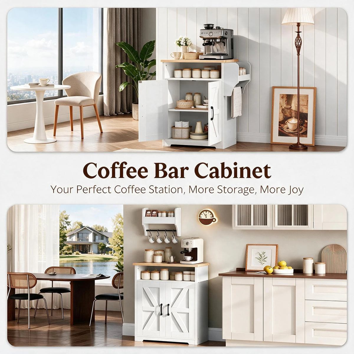HiMISS Farmhouse Coffee Bar Cabinet With Mug Shelf And Hooks