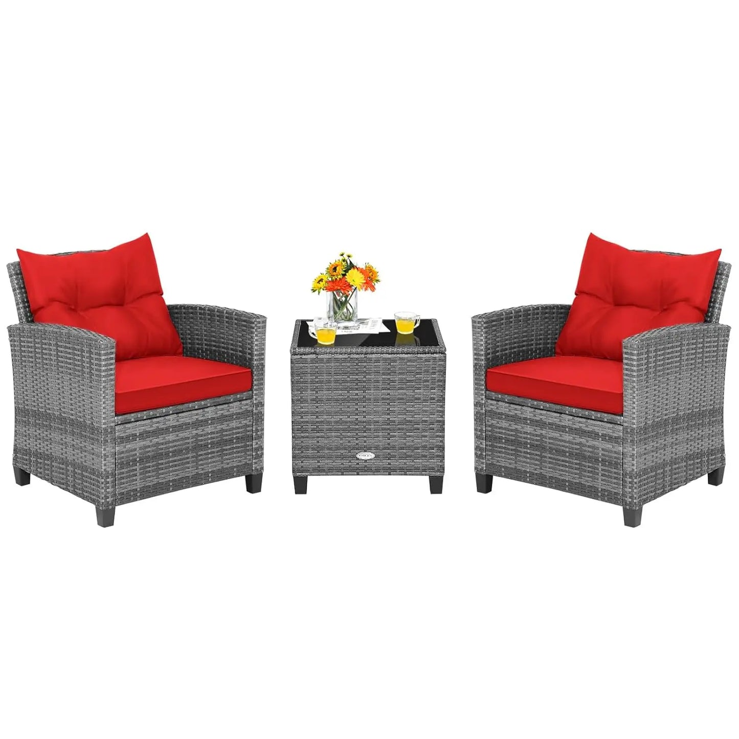 3 Pieces Patio Furniture Set, PE Rattan Wicker 3 Pcs Outdoor Sofa Set w/Washable Cushion and Tempered Glass, Customized