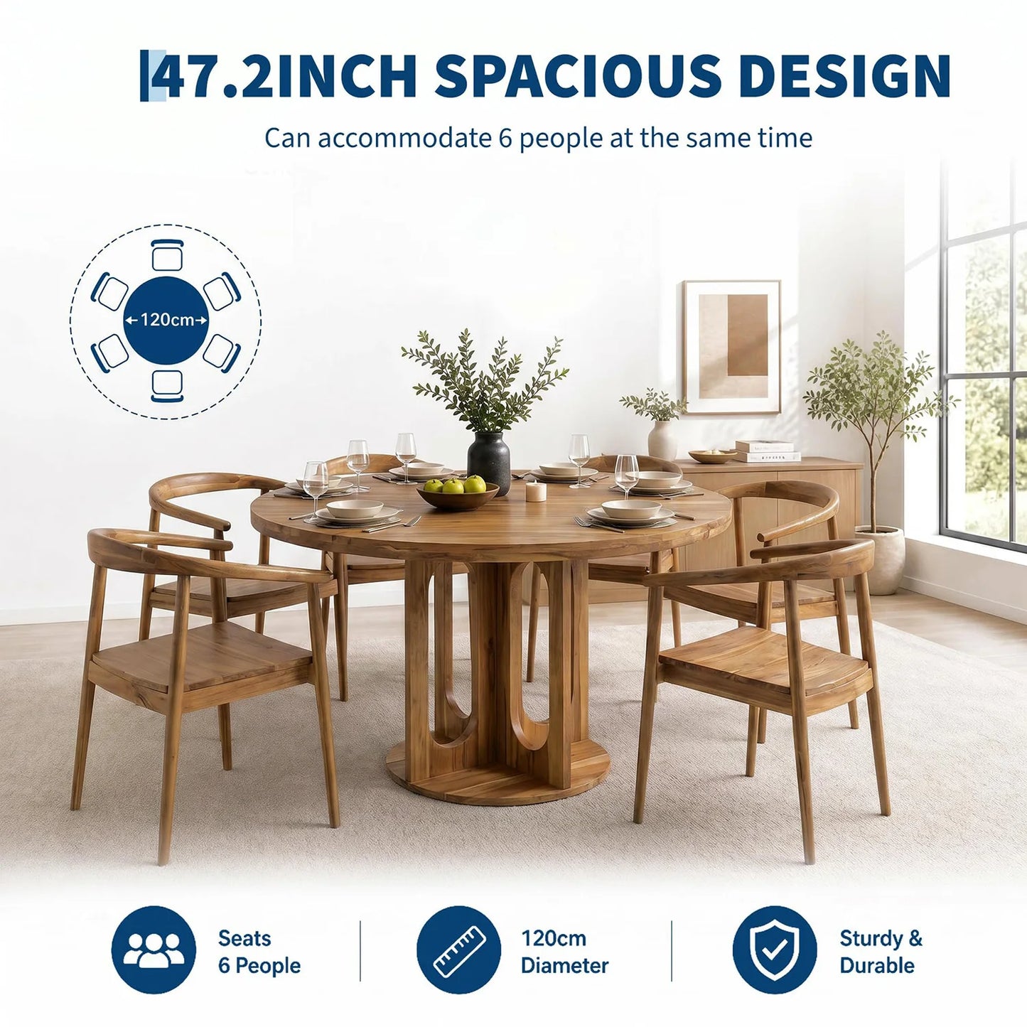 47 Inch Round Dining Table For 4-6, Modern Circle Kitchen Table With Open Arch Pedestal Base For Dining Room Breakfast Nook