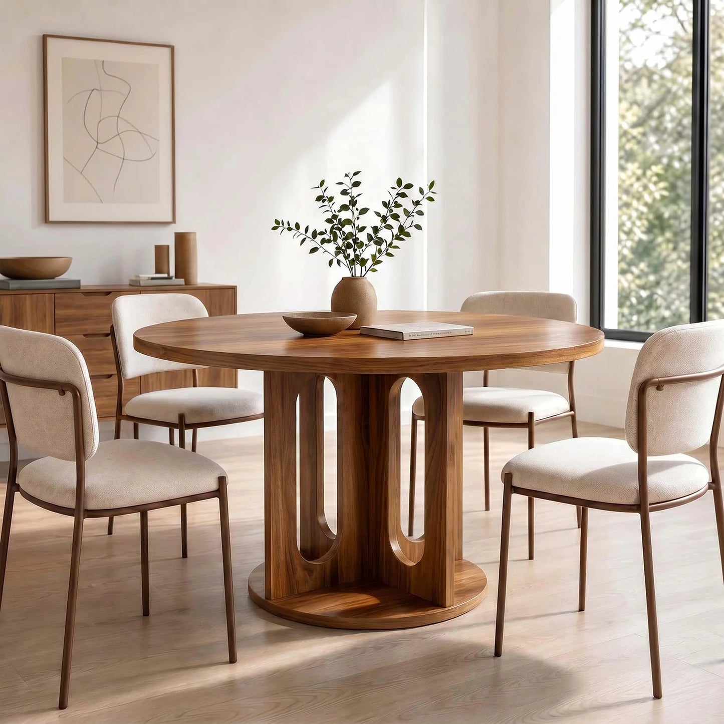 47 Inch Round Dining Table For 4-6, Modern Circle Kitchen Table With Open Arch Pedestal Base For Dining Room Breakfast Nook