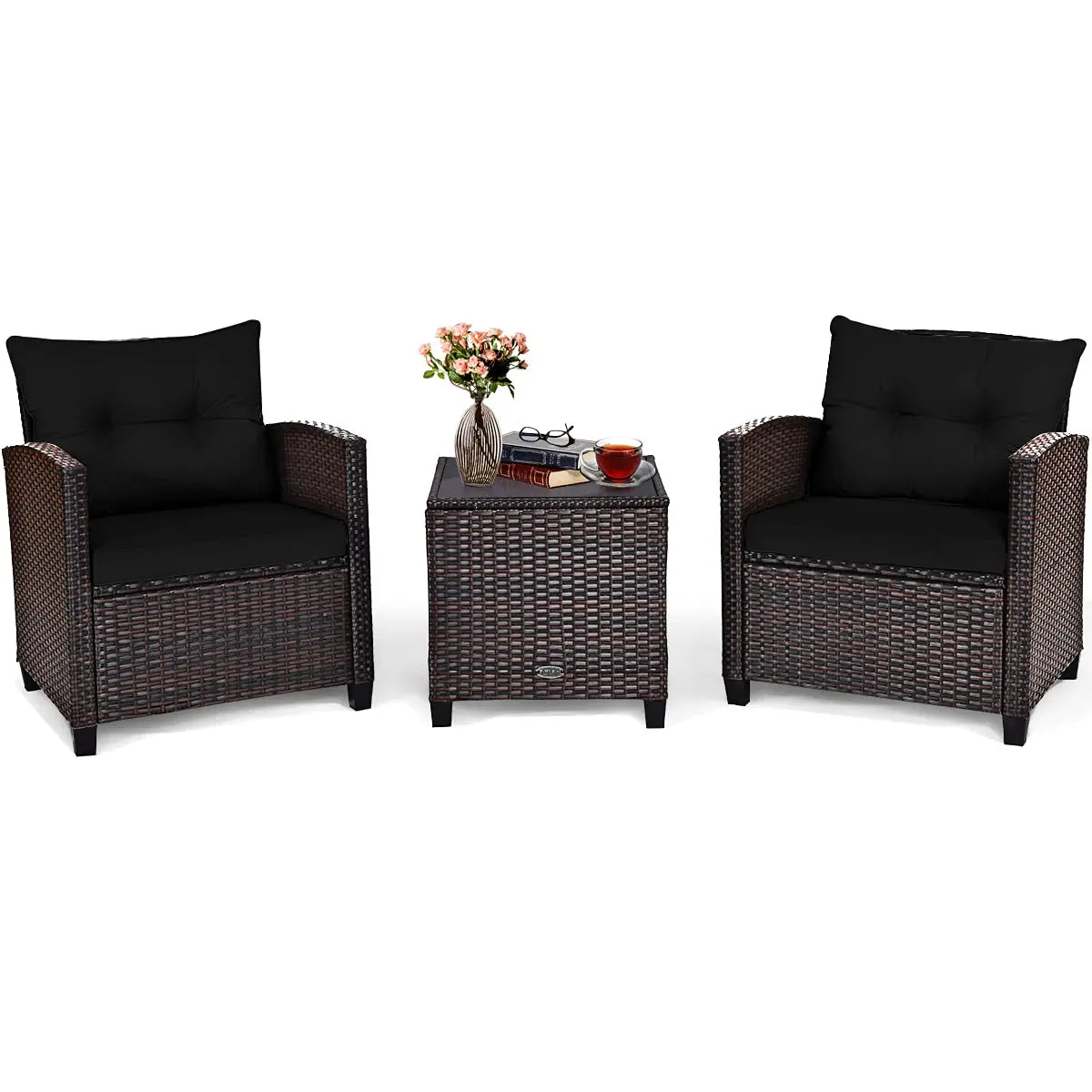 3 Pieces Patio Furniture Set, PE Rattan Wicker 3 Pcs Outdoor Sofa Set w/Washable Cushion and Tempered Glass, Customized