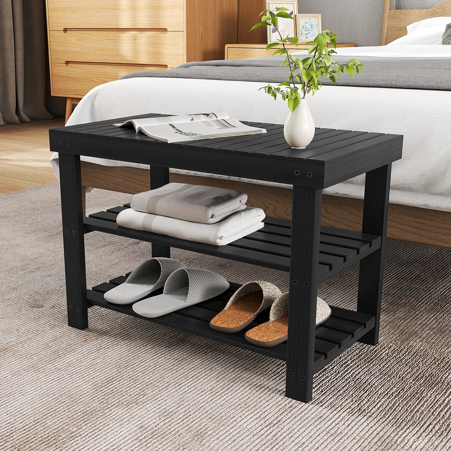 JHK 3-Tier Bamboo Entryway Bench Shoe Rack Organizer