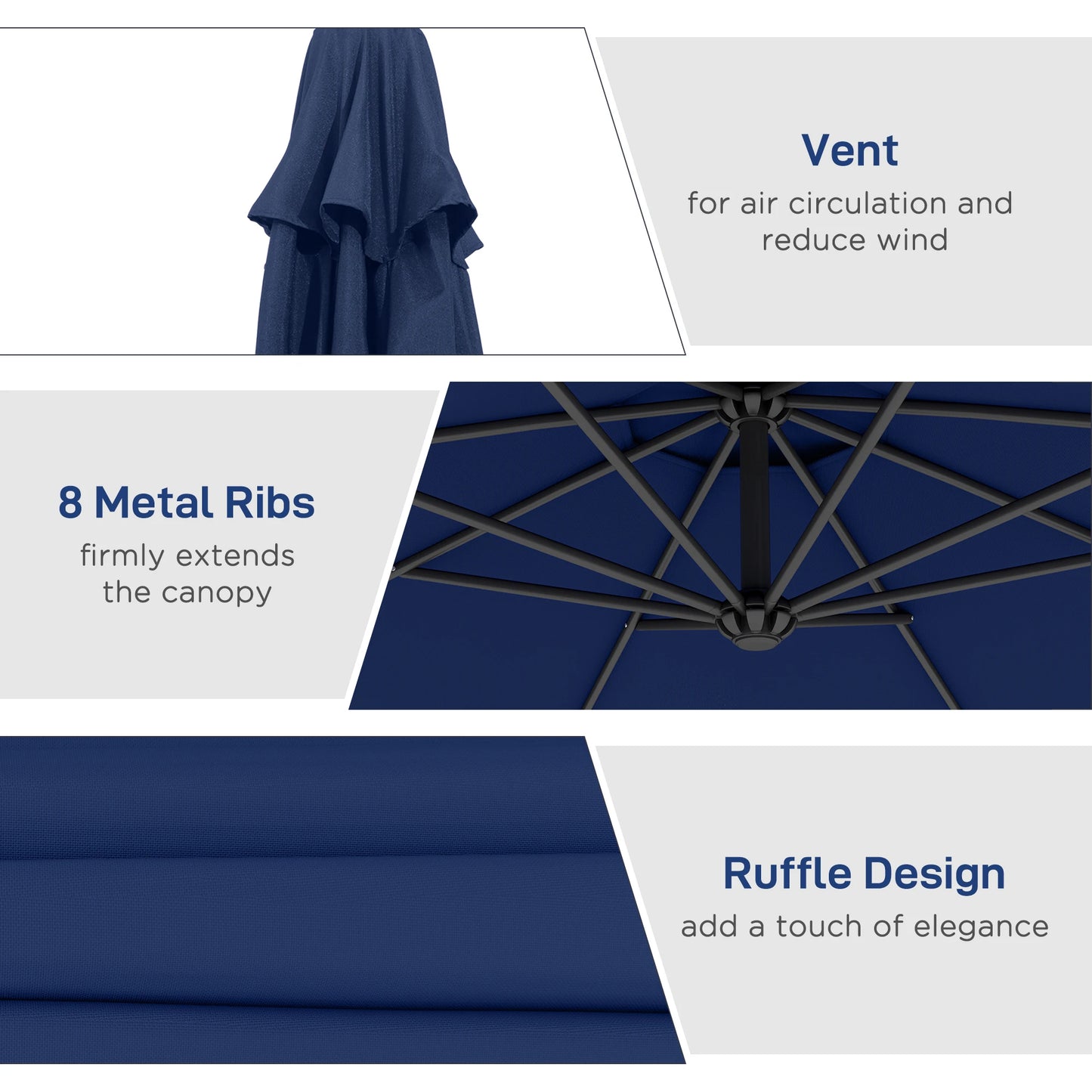 10' Cantilever Hanging Tilt Offset Patio Umbrella with Uv & Water Resistant Material and Cross Base (Weight Not Included), Navy Blue