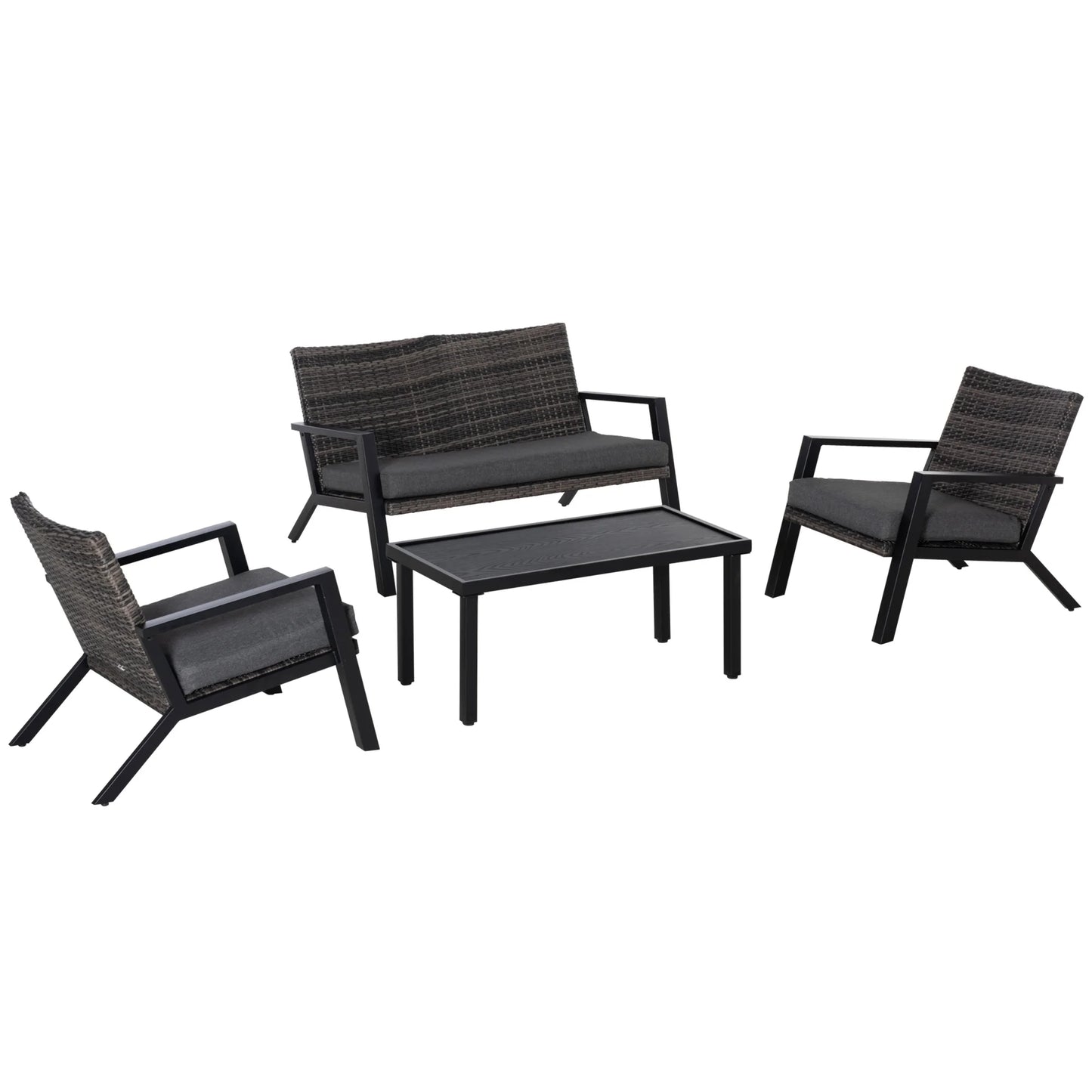 4Pc Outdoor Wicker Patio Furniture Set, Pe Rattan Sofa, 2 Chairs, Table, Black