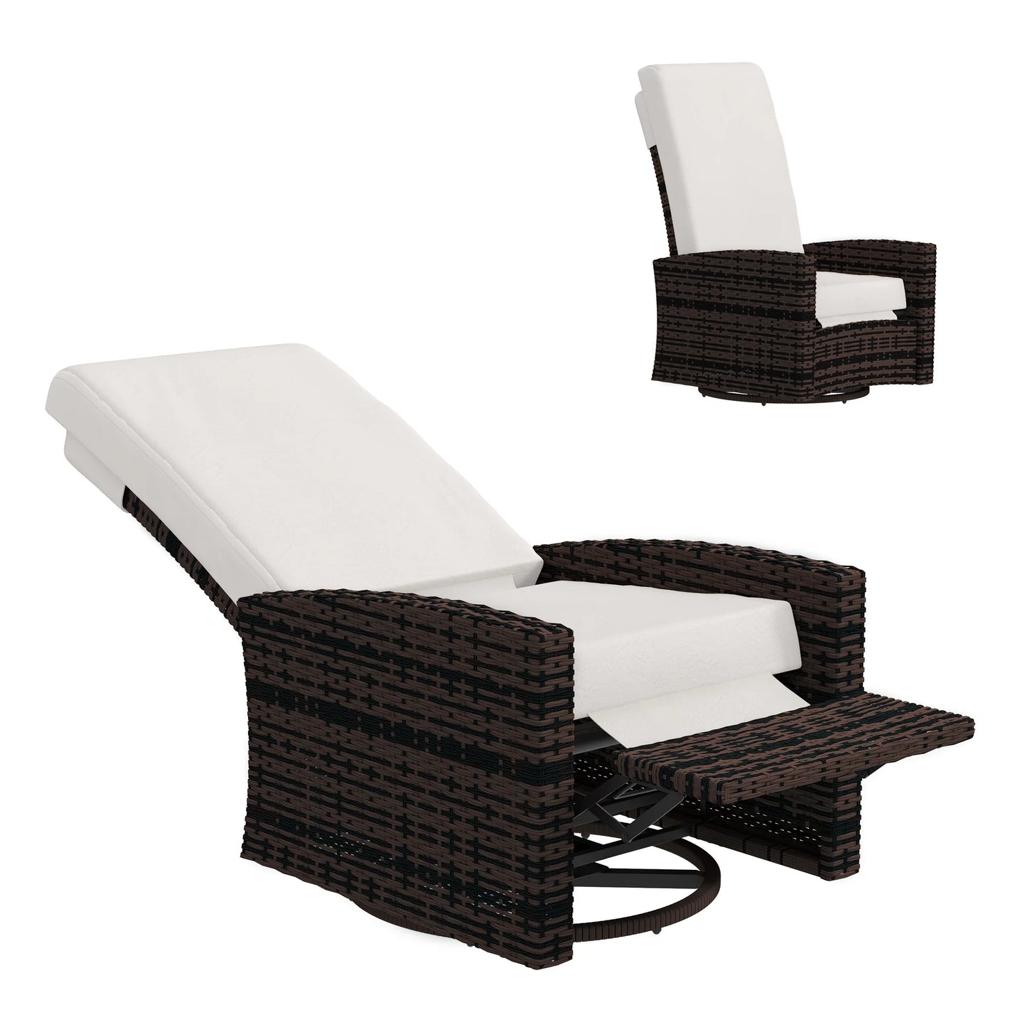Reclining Rattan 360° Swivel Chair, Outdoor Patio Cushioned Recliner Khaki