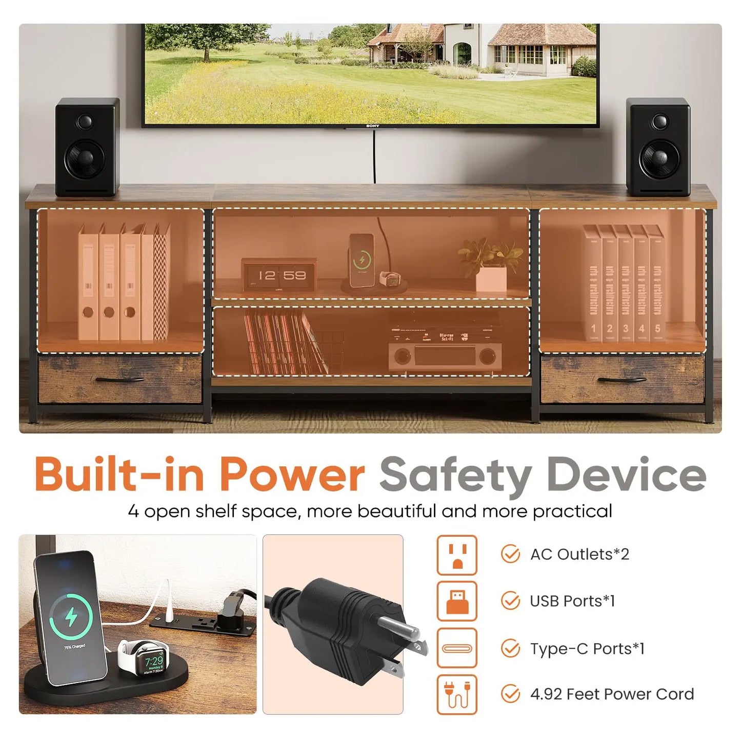JHK Wooden TV Stand With Adjustable Shelves Entertainment Center