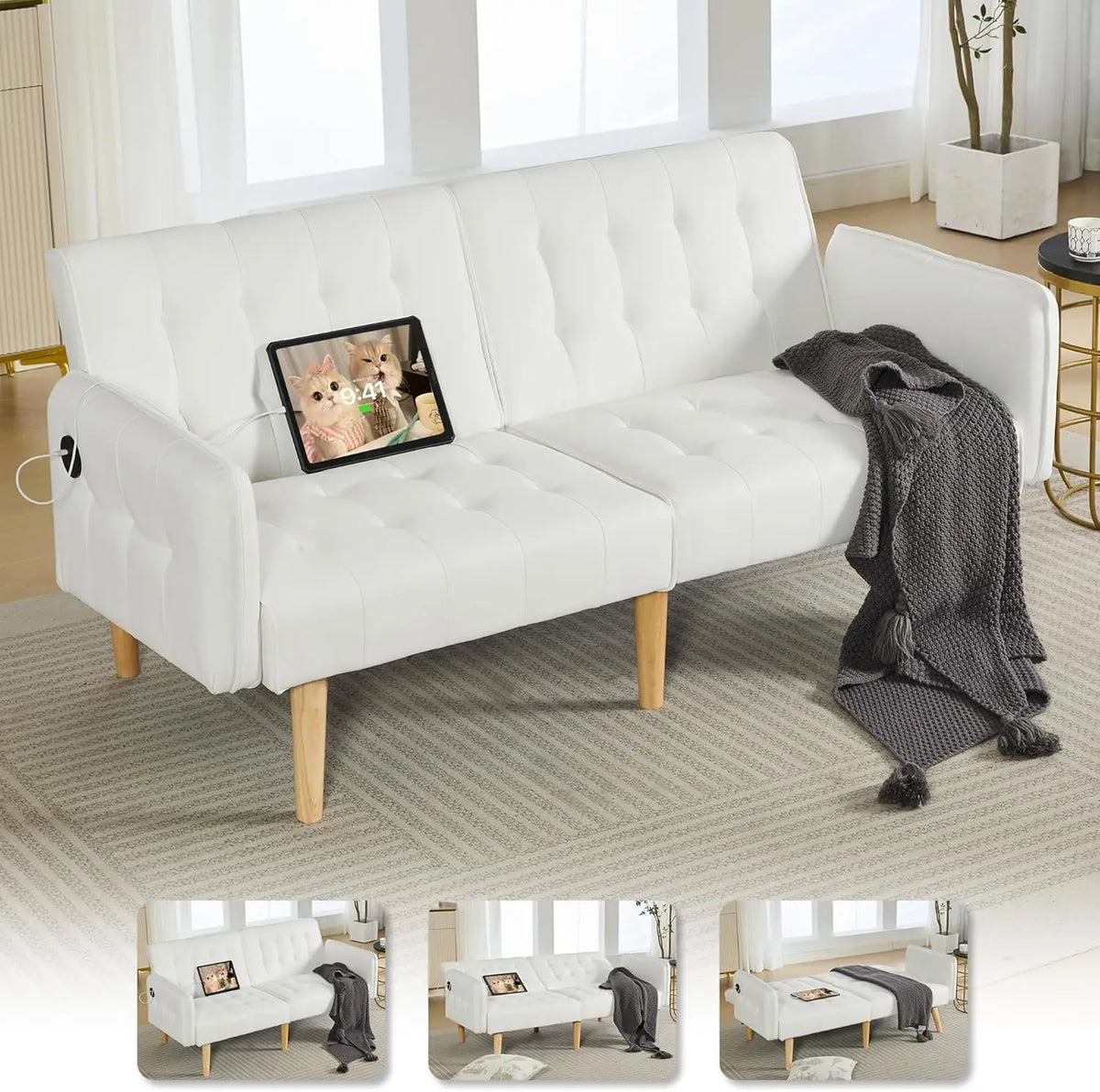 TYBOATLE Modern Tufted Adjustable Futon Sofa Bed With USB Ports